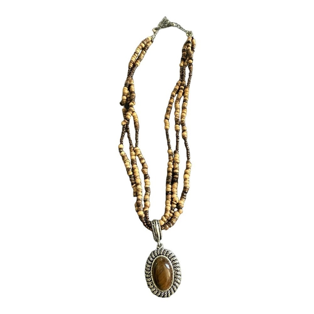 Vintage Avon Triple Strand Tigers Eye Pendant Wood Bead Necklace Silver Tone